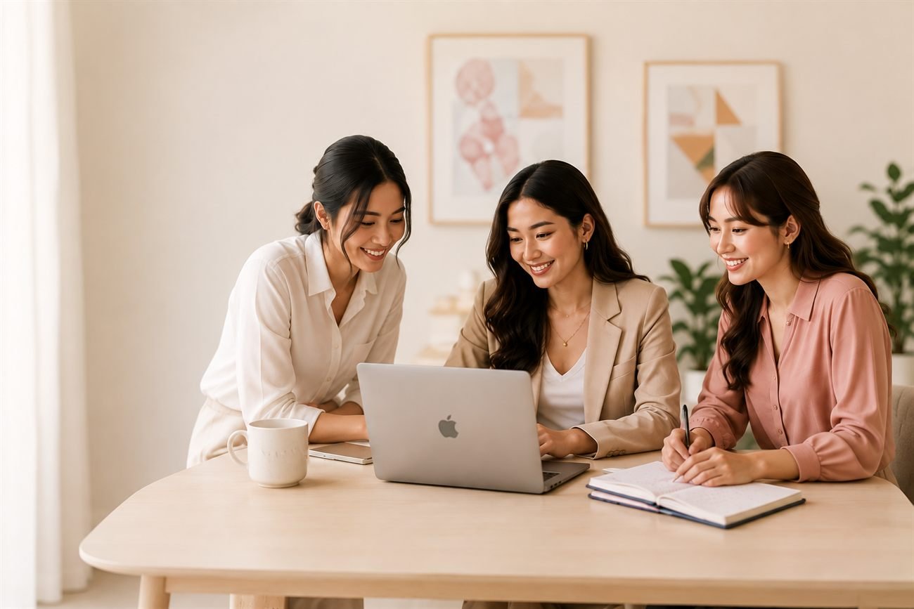 Three VIA VA Team members collaborating around a laptop