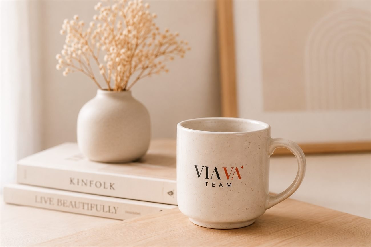 A tidy desk with a VIA VA Team mug and notebook