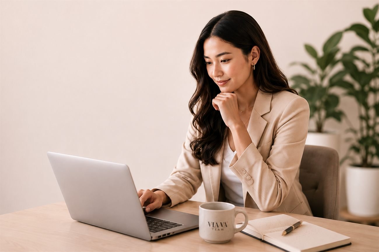 A VIA VA Team assistant reviewing work on a laptop